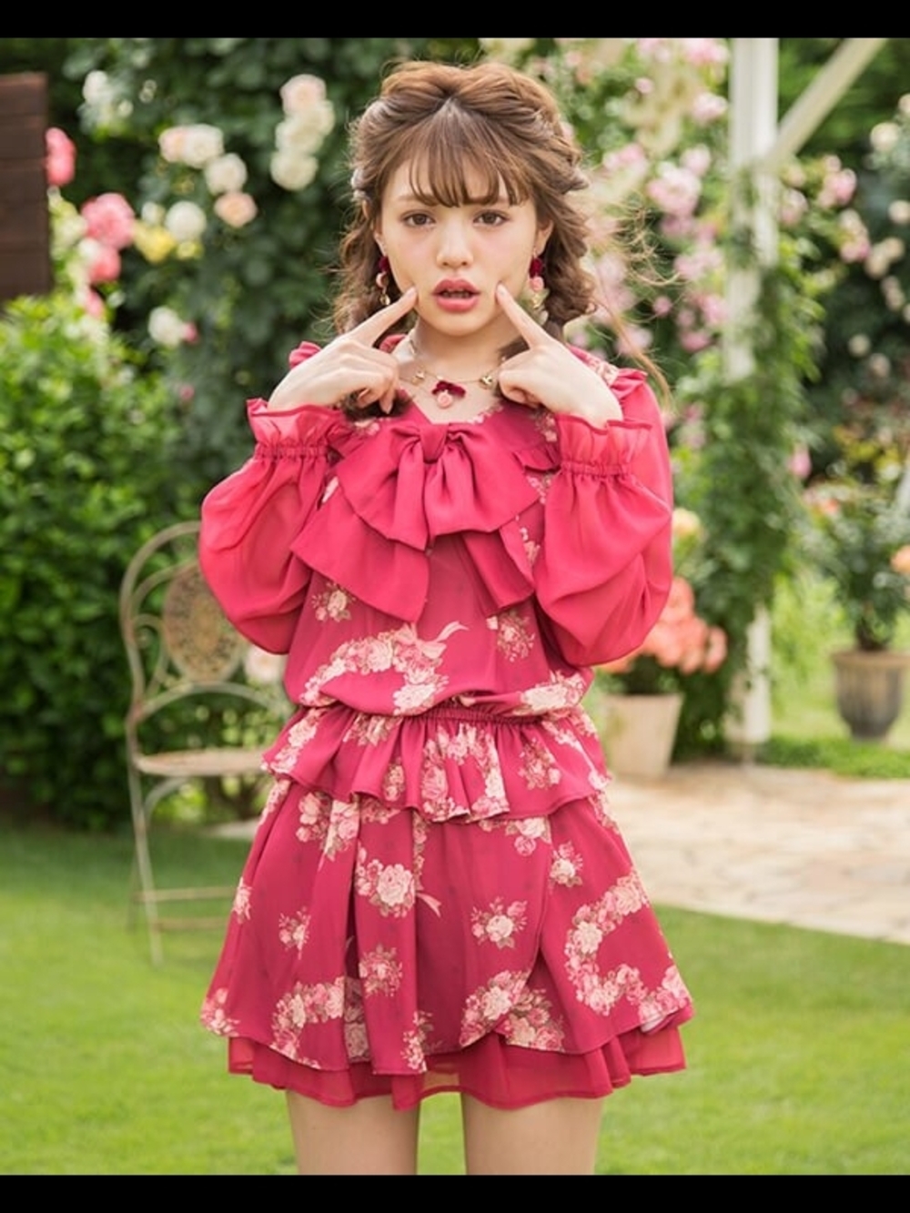 LIZ LISA Rose Red Floral Tiered Skirt + Top